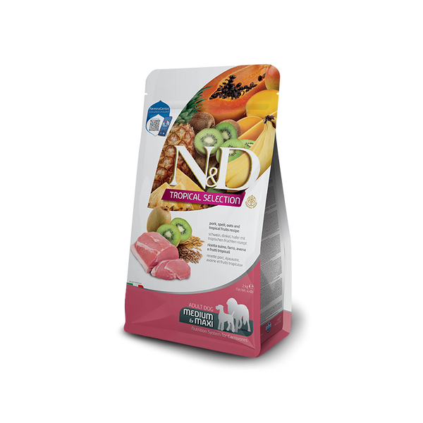 N&D DOG TROPICAL SELECTION PORK ADULT MED/MAX - Суха храна за кучета над 1 година от средните и едри породи, със свинско, спелта, овес и тропическиплодове
