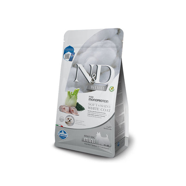 N&D WHITE DOG SEA BASS, SPIRULINA&FENNEL ADULT MINI - пълноценна храна със спирулина за бели кучета над 1г. от дребните породи, с лаврак и фенел 2кг.