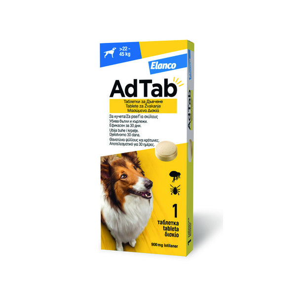 Противопаразитна таблетка AdTab/ Адтаб 900 mg за кучета от 22.0 до 45.0 кг с вкус на месо, срещу бълхи и кърлежи