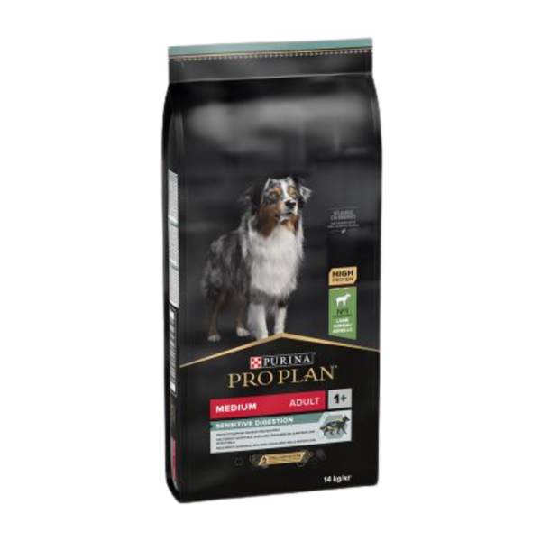 Храна за кучета в зряла възраст Purina Pro Plan Adult Medium Sensitive Digestion с вкус на агнешко месо и ориз за средни породи;