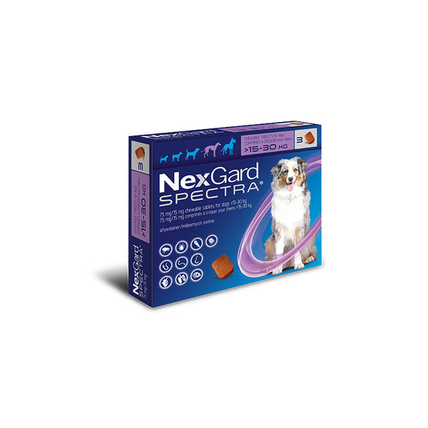 NexGard Spectra - защита от бълхи, кърлежи, нематоди и превенция на дирофиларията, за кучета от 15 до 30 кг., 3 броя таблетки
