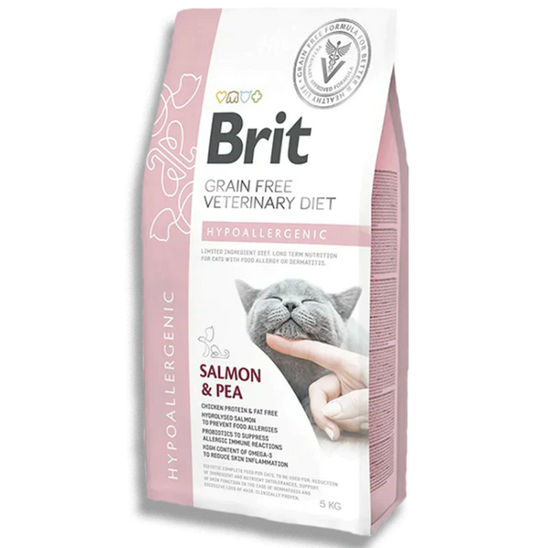 Пълноценна, хипоалергенна суха храна Brit Veterinary DIets Hypoallergenic за котки с различни непоносимости, дерматологични или храносмилателни със Сьомга и грах, БЕЗ ЗЪРНЕНИ КУЛТУРИ