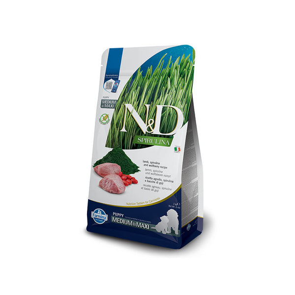 N&D SPIRULINA DOG LAMB & WOLFBERRY PUPPY MEDIUM & MAXI - пълноценна храна със спирулина за подрастващи кученца от средните и едри породи, с агне и годжи бери