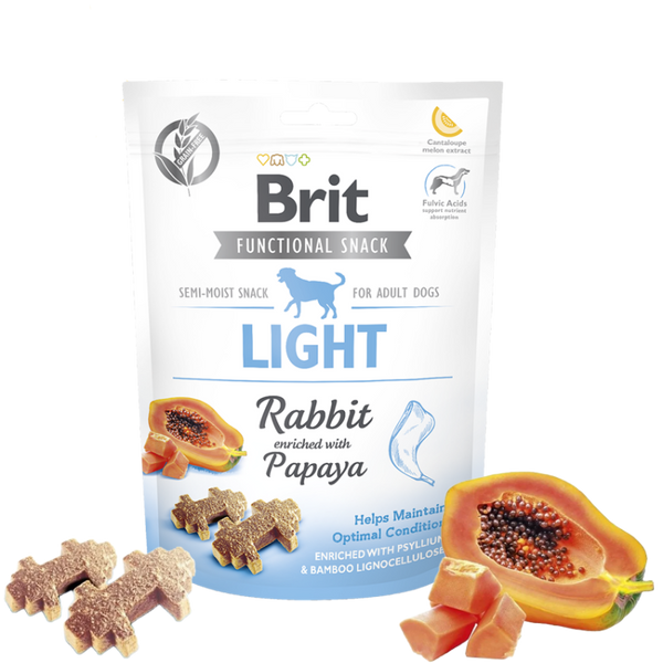 Полувлажен снакс за кучета Brit Care Dog Functional Snack Light Rabbit със заешко месо , подпомага контрола на теглото, обогатен с папая, без зърнени култури и картофи