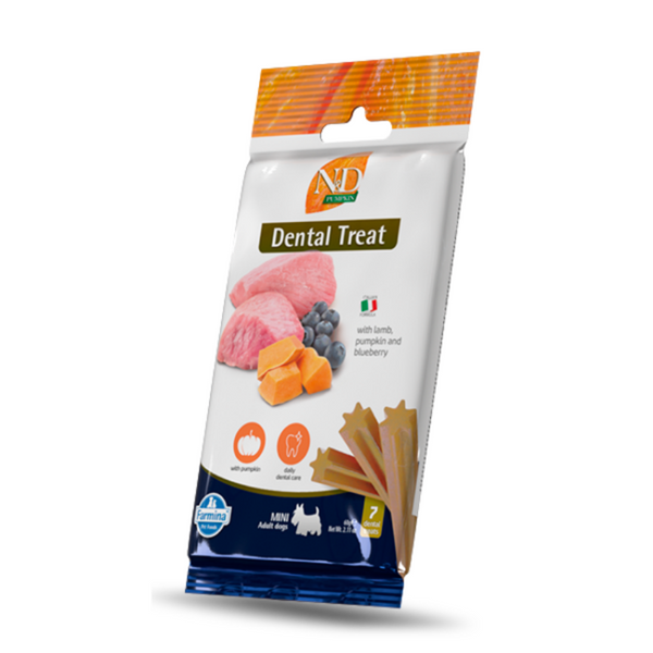 Дентални лакомства за кучета от дребни породи N&D Dog Dental Treat Adult Mini с тиква, агнешко и боровинки 60 гр