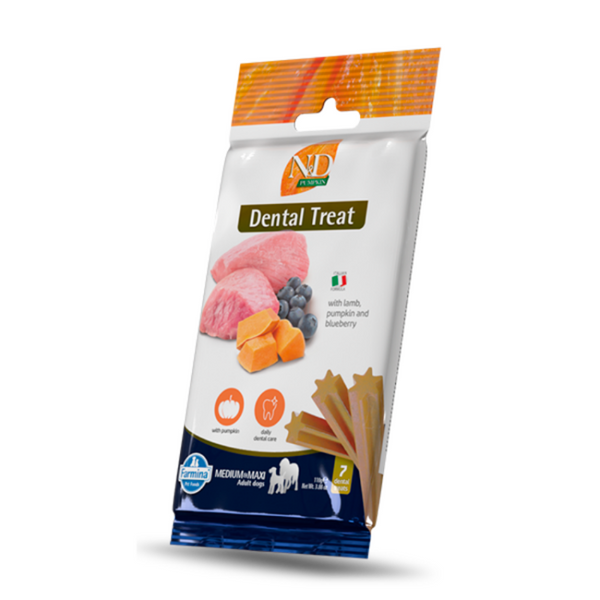 Дентални лакомства за кучета от средни и едри породи N&D Dog Dental Treat Adult Medium and Maxi с тиква, агнешко и боровинки 100 гр