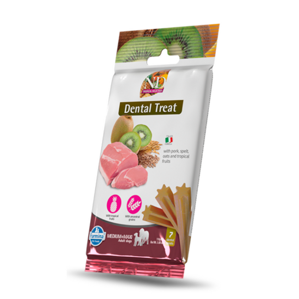 Дентални лакомства за кучета от средни и едри породи N&D Dog Dental Treat Adult Medium and Maxi със свинско, спелта, овес и тропически плодове 100 гр
