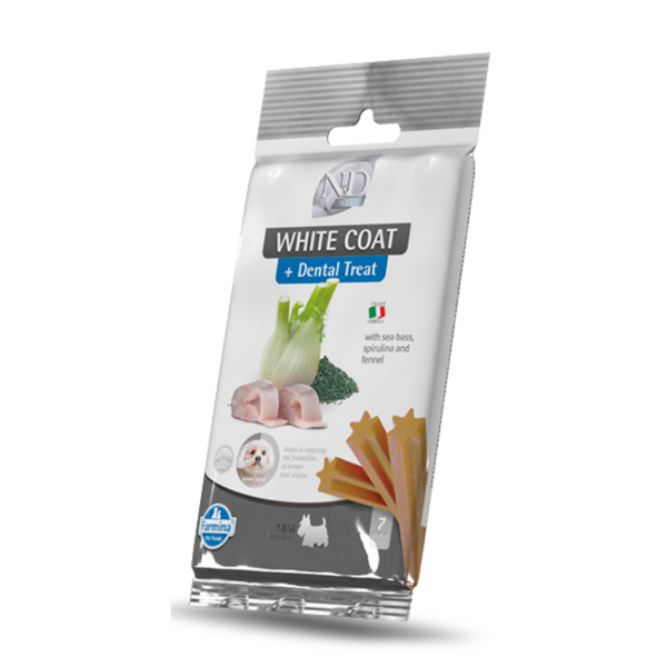 Дентални лакомства за кучета с бяла козина от дребни породи N&D White Dog Dental Treat Adult Mini с лаврак, фенел и спирулина 60 гр