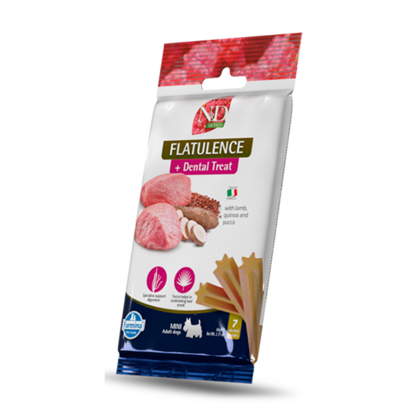 Дентални лакомства за кучета от дребни породи N&D Dog Dental Treat Flatulence Adult Mini - с киноа, агнешко и юка 60 гр