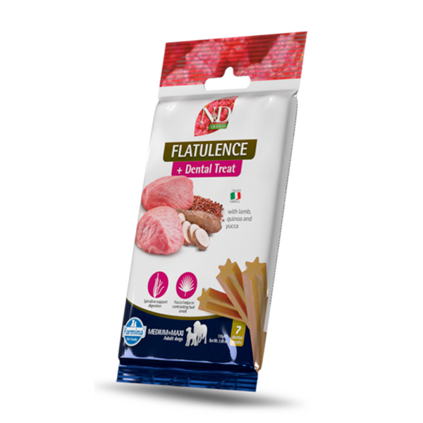 Дентални лакомства за кучета от средни и едри породи N&D Dog Dental Treat Flatulence Adult Medium and Maxi с киноа, агнешко и юка 100 гр