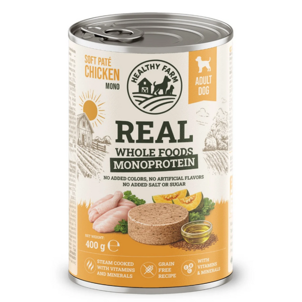 Супер премиум консерва за кучета Healthy Farm Hypo Mono' DOG CHICKEN WITH PUMPKIN монопротеинов пастет от 85% пилешко месо и тиква