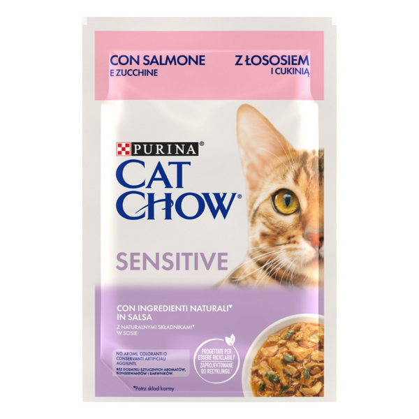 Пауч Purina Cat Chow Sensitive - хапки в сос със сьомга и тиква, за чувствителна храносмилателна система, 85 гр.