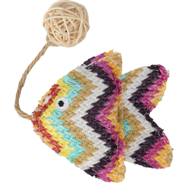 Играчка за котки Flamingo Klora Turbot with Ball Mix 20 см – рибка с топче, котешка трева и звънче