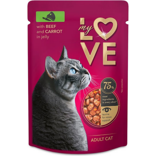 Пауч за котки My Love Adult cat with beef and carrot in jelly с говеждо месо и моркови в желе