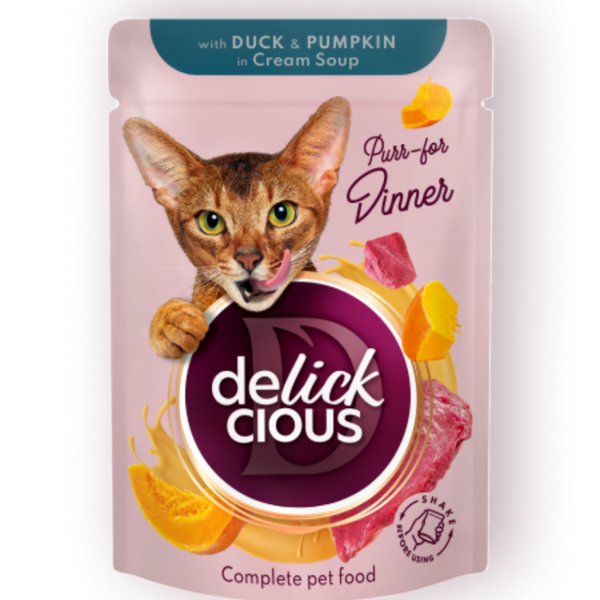 Крем супа за котки DELICKCIOUS Strips with duck and pumpkin in cream soup с парченца патешко и тиква