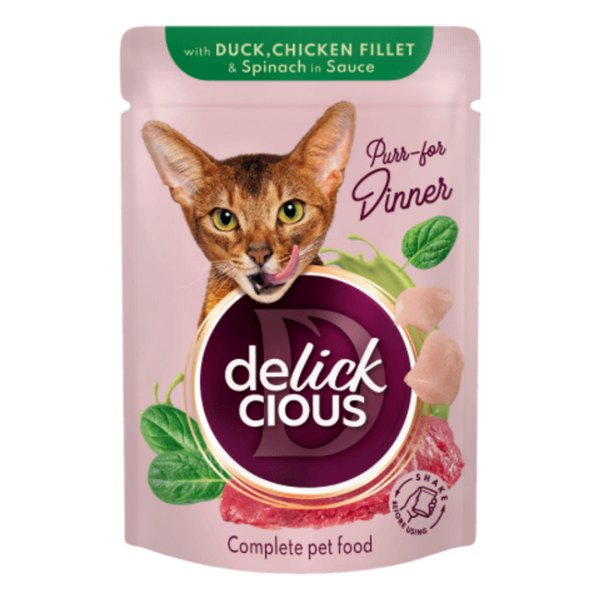 Крем супа за котки DELICKCIOUS Duck & chicken fillet with spinach in sauce с парченца патица, пиле и спанак
