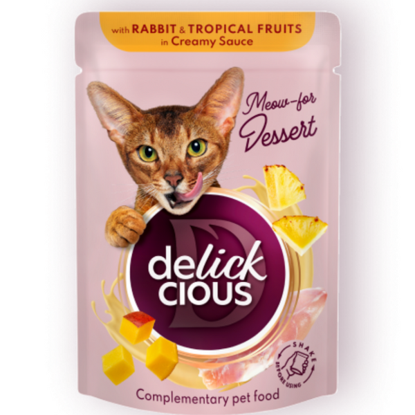 Крем супа за котки DELICKCIOUS Flakes with rabbit and tropical fruits in creamy sauce с парченца заешко и екзотични тропически плодове
