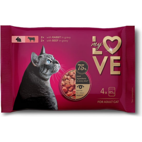 Пауч за котки My Love Adult cats with rabbit, beef 4 броя със заешко и телешко месо в сос