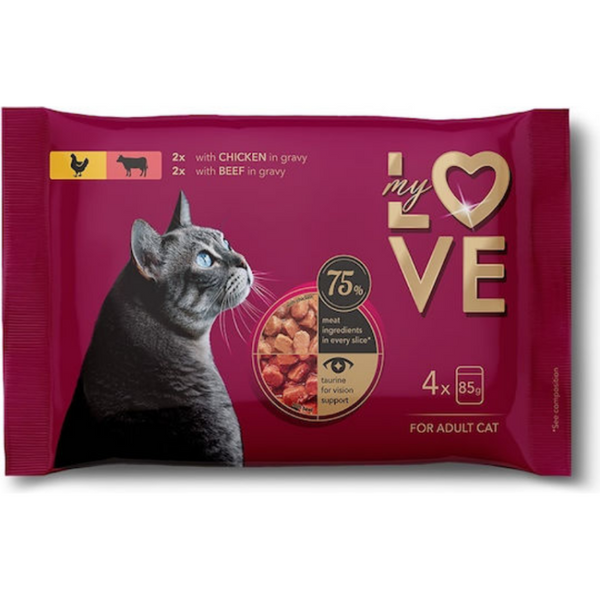 Пауч за котки My Love Adult cats with chicken, beef 4 броя с Пилешко и телешко месо в сос