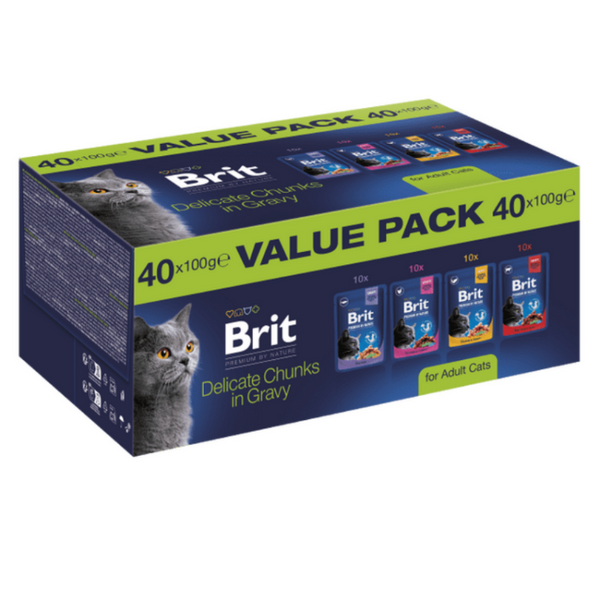 Мокра храна за котки Brit Premium by Nature Delicate Chunks in Gravy – Value Pack 40 x 100 г, 4 вкуса