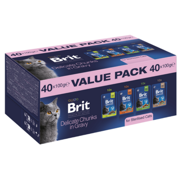 Мокра храна за кастрирани котки Brit Premium by Nature Delicate Chunks in Gravy – Value Pack 40 x 100 г, 4 вкуса