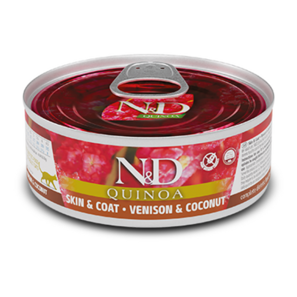 Консерва за котка N&D Cat Quinoa Skin & Coat Venison & Coconut 80гр. с еленско, кокос и киноа