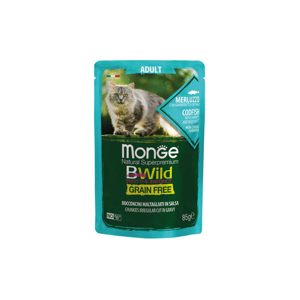 Monge BWILD Grain Free Adult с риба треска, скариди и зеленчуци – пауч с хапки в сос