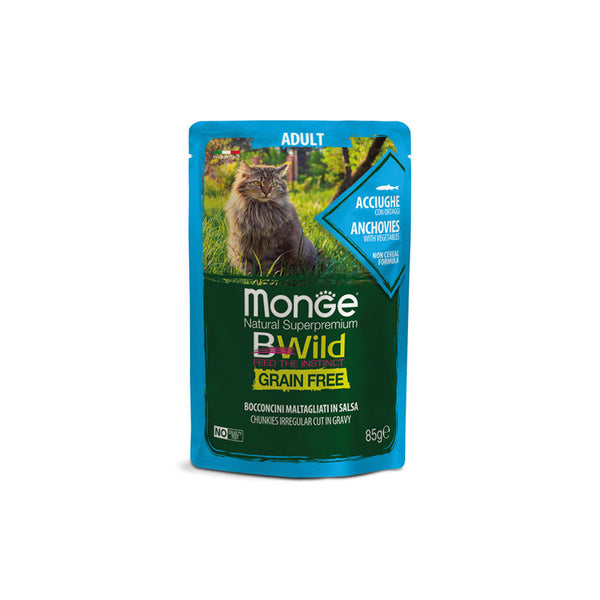 Monge BWILD Grain Free Adult с аншоа и зеленчуци – пауч с хапки в сос, без зърнени храни – за котки в зряла възраст 85 гр.