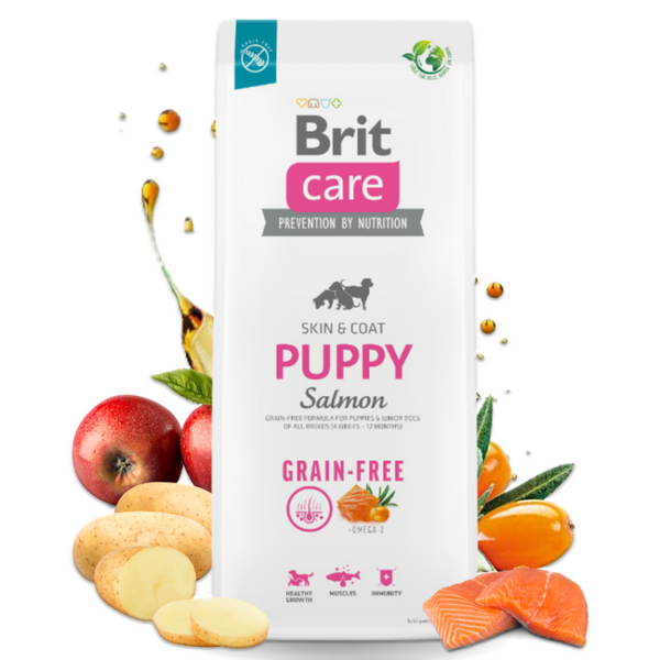Супер премиум храна за подрастващи кученца Brit Care Dog Grain-free Puppy Salmon, Skin and Coat БЕЗ ЗЪРНЕНИ КУЛТУРИ, със сьомга, за здравословно развитие и подпомагане на имунитета