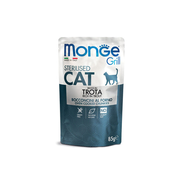 Monge Grill Sterilised с пъстърва – пауч с хапки в желе – за кастрирани котки в зряла възраст 85 гр.