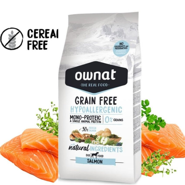 Натурална суха храна OWNAT GRAIN FREE HYPOALLERGENIC SALMON MONOPROTEIN - хипоалергенна формула БЕЗ зърнени култури, с 30% прясна сьомга