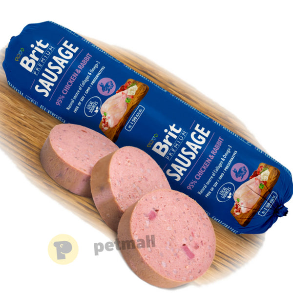 Деликатесен салам за кучета Brit Sausage Sausage Chicken & Rabbit - с 85% свежо пилешко месо и 10% заешко месо 800 гр.