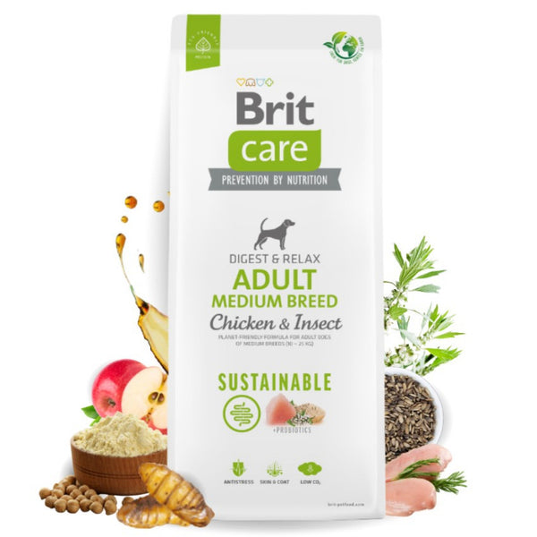 Brit Care Dog Sustainable Adult Medium Breed Chicken&Insect- Супер премиум суха храна за кучета от средните породи. С високоусвоим протеин от насекоми и пилешко месо