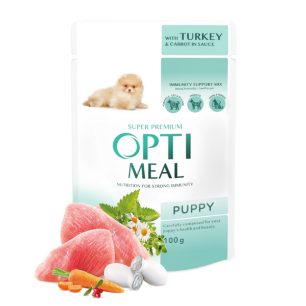 11000042 OPTIMEAL™. Сomplete сanned pet food for puppies with turkey and carrot in sauce, 0,1 kg пауч за куче