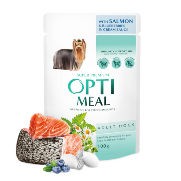 11000039 OPTIMEAL ™. Сomplete сanned pet food for adult dogs with salmon and blueberries in cream sauce, 0,1 kg пауч за куче