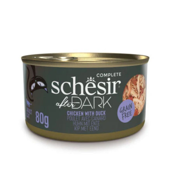 Консервирана храна за котки Schesir AfterDark Chicken and Duck с пилешко и патешко в бульон