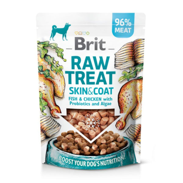 Кучешко лакомство за здрава кожа и красива козина Brit Raw Treat Skin & Coat. Freeze-dried Fish & Chicken от Сурово лиофилизирано – 96% ПРЯСНО МЕСО от риба и пиле