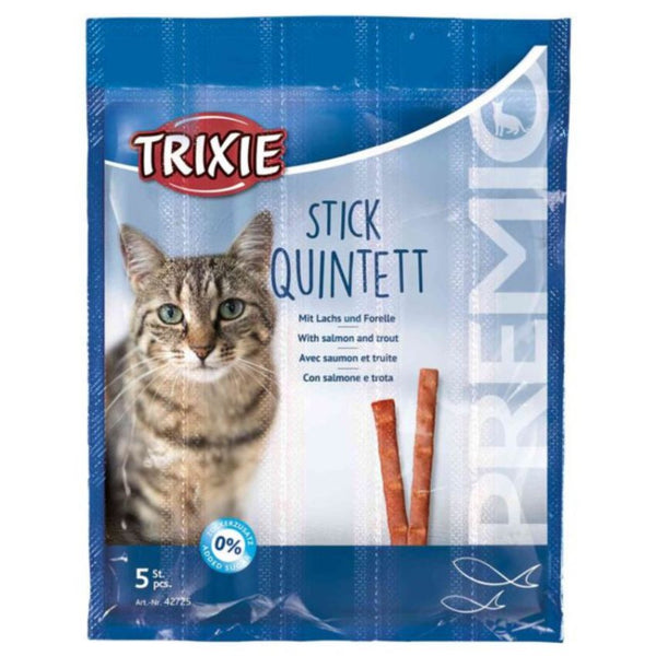 Котешко лакомство Trixie PREMIO Stick Quintett саламени пръчици с 95% съдържание на месо- сьомга и пъстърва 5 × 5 гр.