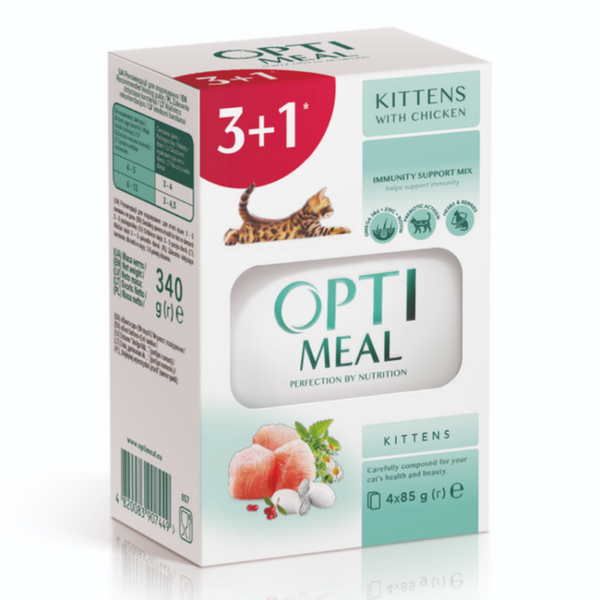 Пълноценна мокра храна за котенца Optimeal Kitten Chicken (3+1) с пиле