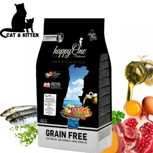 Средиземноморска храна HappyOne MEDITERRANEUM CAT & KITTEN за котенца и пораснали котки с пилешко месо, сардини, зехтин, яйца и нар, БЕЗ зърно