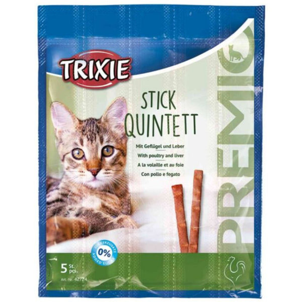 Котешко лакомство Trixie PREMIO Stick Quintett саламени пръчици с 95% съдържание на месо- пилешко месо и дроб 5 × 5 гр.