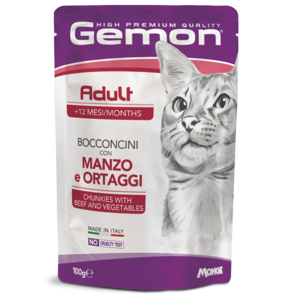 Пауч за котки CAT GEMON - хапки от говеждо месо и зеленчуци