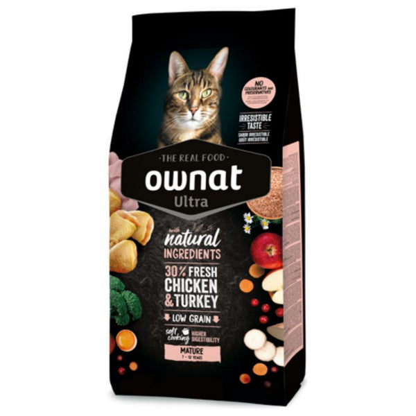 Натурална, пълноценна суха храна за котки над 7 години Ownat Ultra Mature с 30% прясно пилешко и пуешко месо