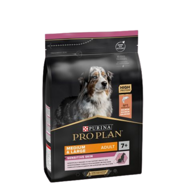 Purina Pro Plan Senior OptiDerma Medium Large Sensitive -7+ със сьомга и ориз;