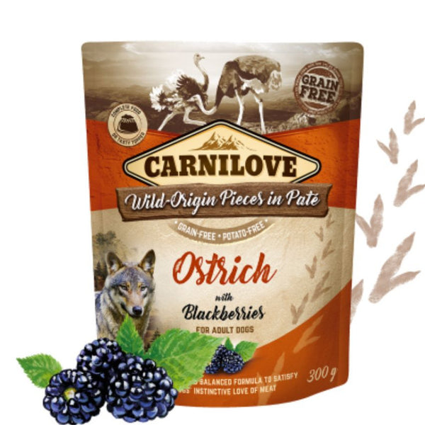 Натурална мокра храна за кучета Carnilove Dog Pouch Paté Ostrich with Blackberries с Щраусово месо и къпини, БЕЗ ЗЪРНЕНИ КУЛТУРИ