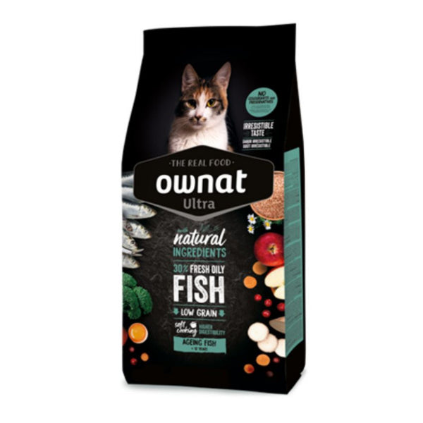 Натурална, пълнаценна храна за възрастни котки над 12 години Ownat Ultra Ageing Fish с 30% прясна риба
