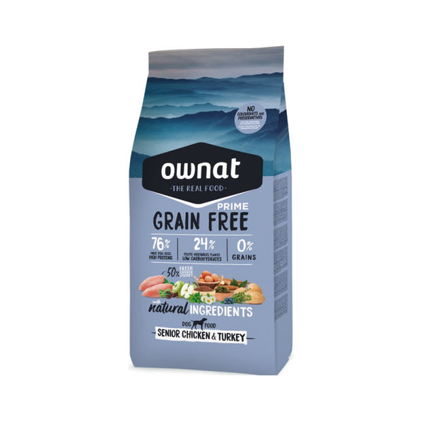 Натурална суха храна Ownat Grain Free Prime SENIOR CHICKEN & TURKEY - БЕЗ зърнени култури за възрастни кучета над 7-8 години с 65% качествено месо, пуйка и пиле