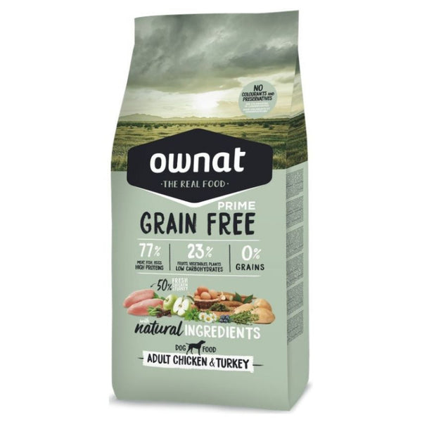 Натурална суха храна Ownat Grain Free Prime ADULT CHICKEN & TURKEY - БЕЗ зърнени култури, с 77% качествено месо, пиле и пуйка