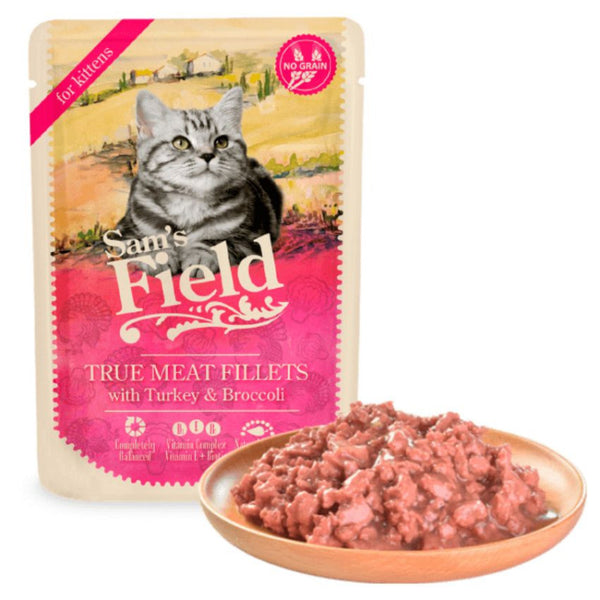 Натурална, морка храна за малки котенца Sam's field CAT POUCH for kittens with Turkey със 77% пилешко, 7% пуешко месо и броколи, БЕЗ зърнени култури