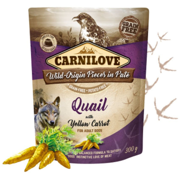 Натурална мокра храна за кучета Carnilove Dog Pouch Paté Quail with Yellow Carrots с Пъдпъдъче месо и жълт морков, БЕЗ ЗЪРНЕНИ КУЛТУРИ